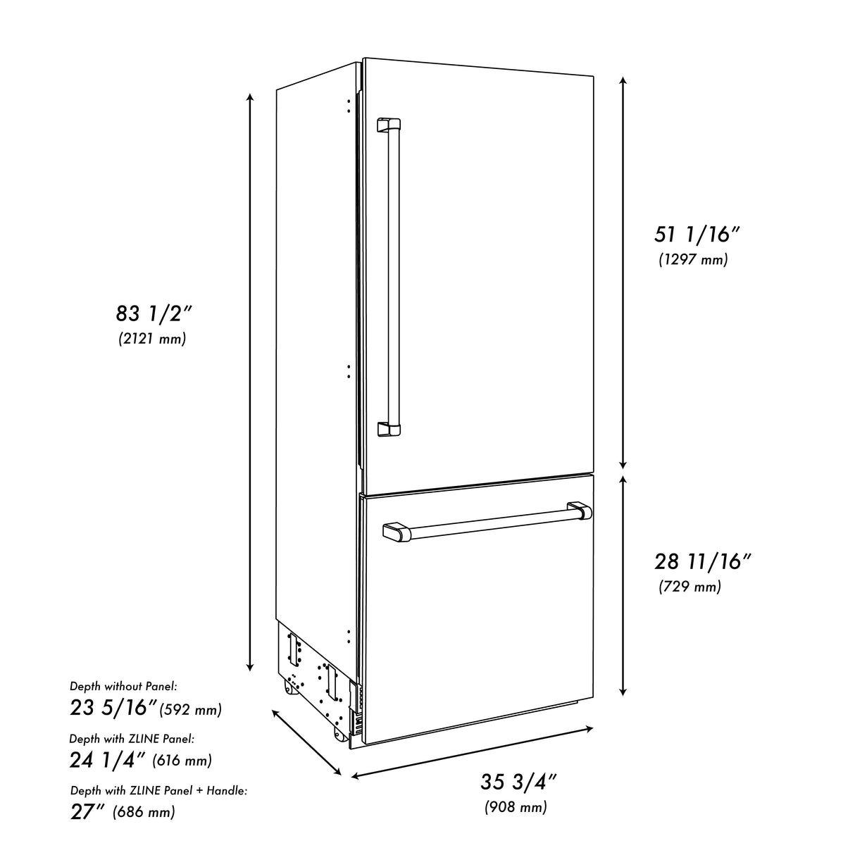 ZLINE 36 in. 19.8 cu. ft. Built-In Bottom Freezer Refrigerator with Water Dispenser and Ice Maker in Satin Stainless Steel (RBIT-SN-36)