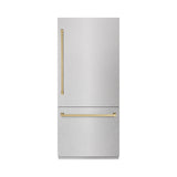 ZLINE Autograph Edition 36 in. 19.8 cu. ft. Built-In Bottom Freezer Refrigerator with Water Dispenser and Ice Maker in Satin Stainless Steel and Champagne Bronze Accents (RBITZ-SN-36-CB)