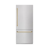 ZLINE Autograph Edition 36 in. 19.8 cu. ft. Built-In Bottom Freezer Refrigerator with Water Dispenser and Ice Maker in Satin Stainless Steel and Polished Gold Accents (RBITZ-SN-36-G)