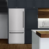 ZLINE Autograph Edition 36 in. 19.8 cu. ft. Built-In Bottom Freezer Refrigerator with Water Dispenser and Ice Maker in Satin Stainless Steel and Matte Black Accents (RBITZ-SN-36-MB)