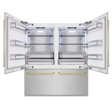 ZLINE Autograph Edition 72 in. 39.6 cu. ft. French Door Built-In Bottom Freezer Refrigerator with Water Dispensers and Ice Makers in Satin Stainless Steel and Champagne Bronze Accents (RBITZ-SN-72-CB)