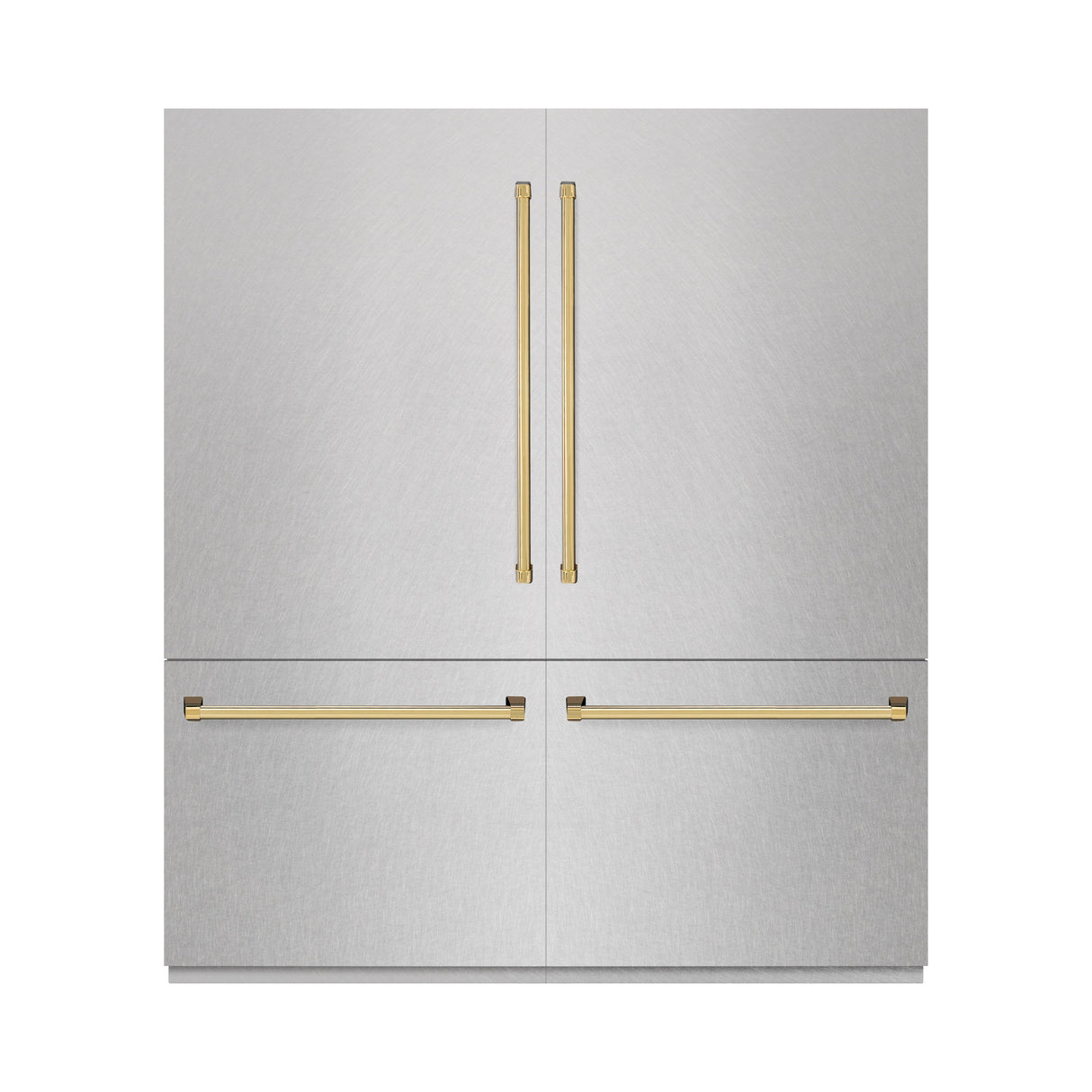 ZLINE Autograph Edition 72 in. 39.6 cu. ft. French Door Built-In Bottom Freezer Refrigerator with Water Dispensers and Ice Makers in Satin Stainless Steel and Polished Gold Accents (RBITZ-SN-72-G)