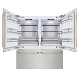 ZLINE Autograph Edition 72 in. 39.6 cu. ft. French Door Built-In Bottom Freezer Refrigerator with Water Dispensers and Ice Makers in Satin Stainless Steel and Polished Gold Accents (RBITZ-SN-72-G)