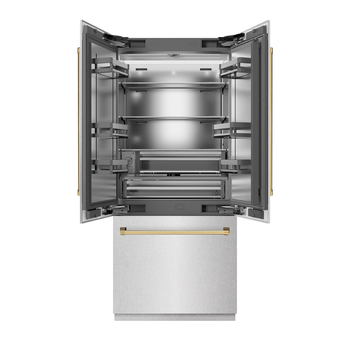 ZLINE Autograph Edition 36 in. 19.6 cu. ft. French Door Built-In Bottom Freezer Refrigerator with Water Dispenser and Ice Maker in Satin Stainless Steel with Stainless Steel Interior and Polished Gold Accents (SRBIVZ-SN-36-G)