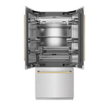 ZLINE Autograph Edition 36 in. 19.6 cu. ft. French Door Built-In Bottom Freezer Refrigerator with Water Dispenser and Ice Maker in Satin Stainless Steel with Stainless Steel Interior and Polished Gold Accents (SRBIVZ-SN-36-G)