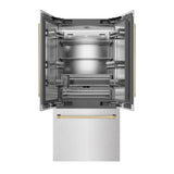 ZLINE Autograph Edition 36 in. 19.6 cu. ft. French Door Built-In Bottom Freezer Refrigerator with Water Dispenser and Ice Maker in Satin Stainless Steel with Stainless Steel Interior and Polished Gold Accents (SRBIVZ-SN-36-G)