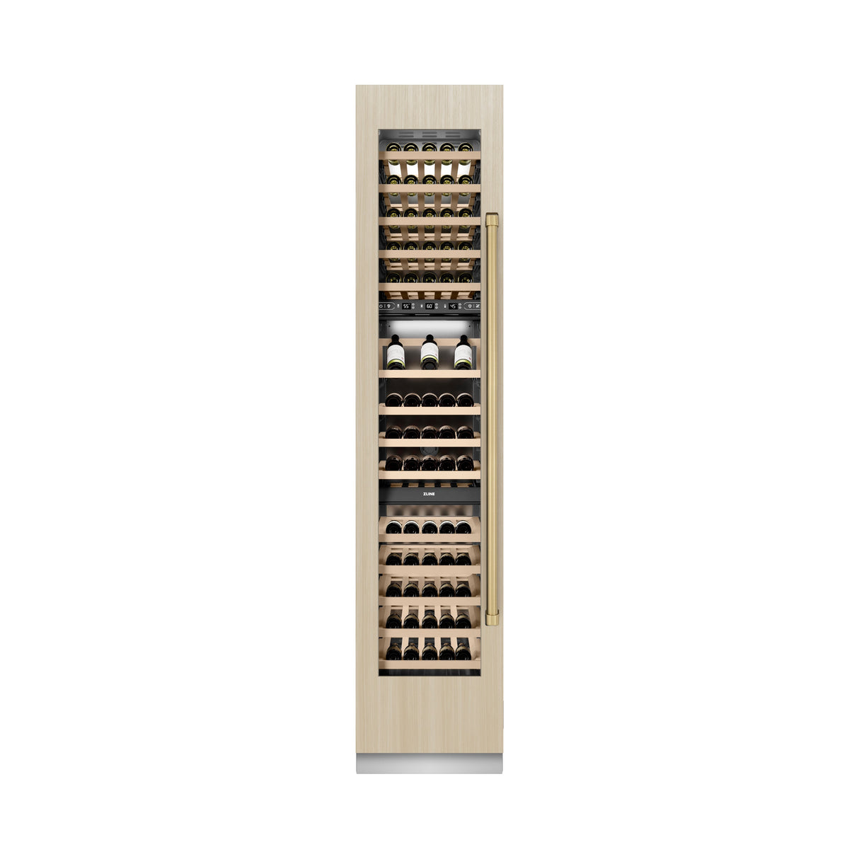 ZLINE Autograph Edition 18 in. 9.0 cu. ft. Triple Zone 68 Bottle Panel Ready Left Hinge Column Wine Cooler with Champagne Bronze Accents (RBCWVLZ-18-CB)