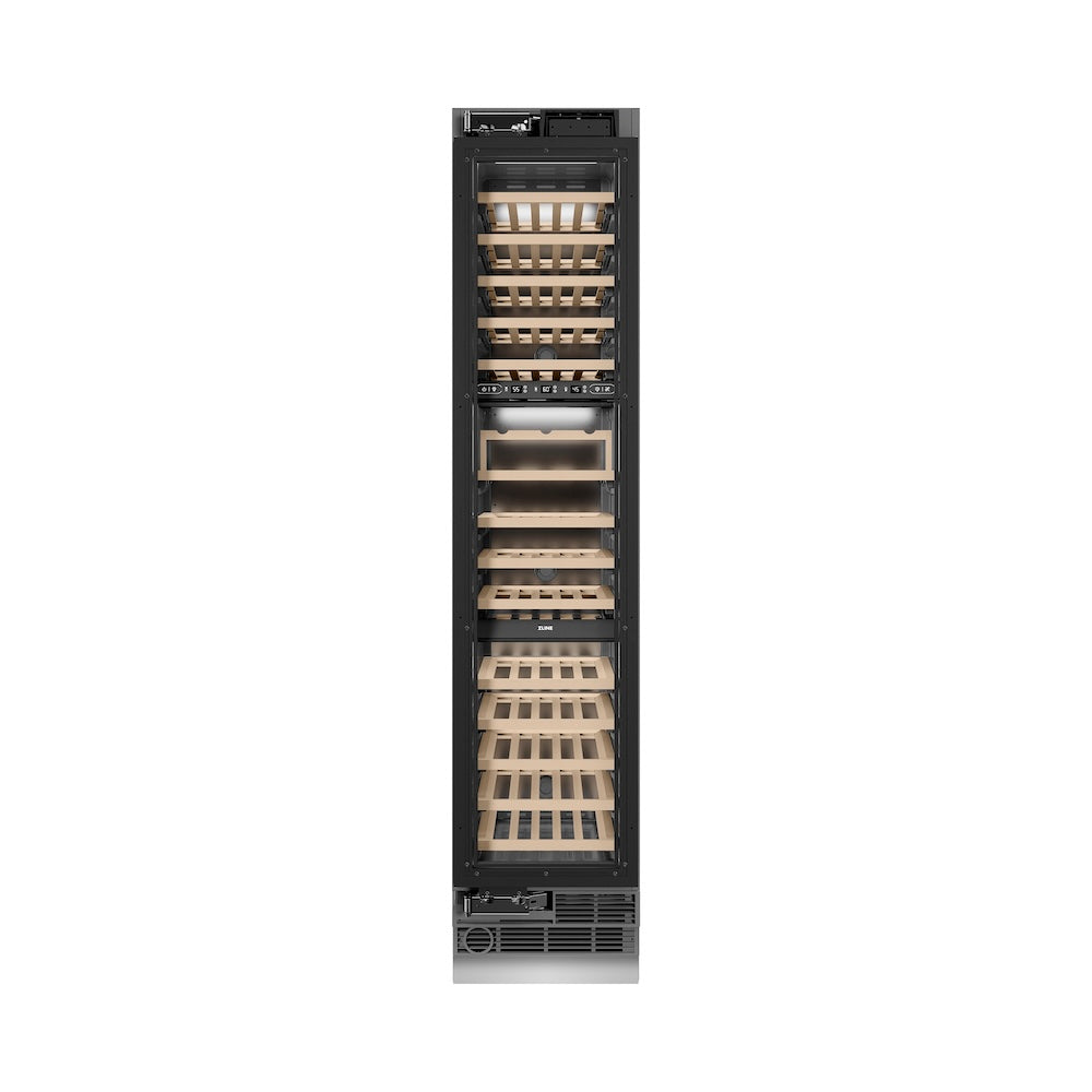 ZLINE Autograph Edition 18 in. 9.0 cu. ft. Triple Zone 68 Bottle Panel Ready Left Hinge Column Wine Cooler with Champagne Bronze Accents (RBCWVLZ-18-CB)