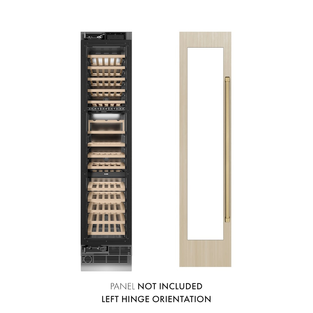 ZLINE Autograph Edition 18 in. 9.0 cu. ft. Triple Zone 68 Bottle Panel Ready Left Hinge Column Wine Cooler with Champagne Bronze Accents (RBCWVLZ-18-CB)