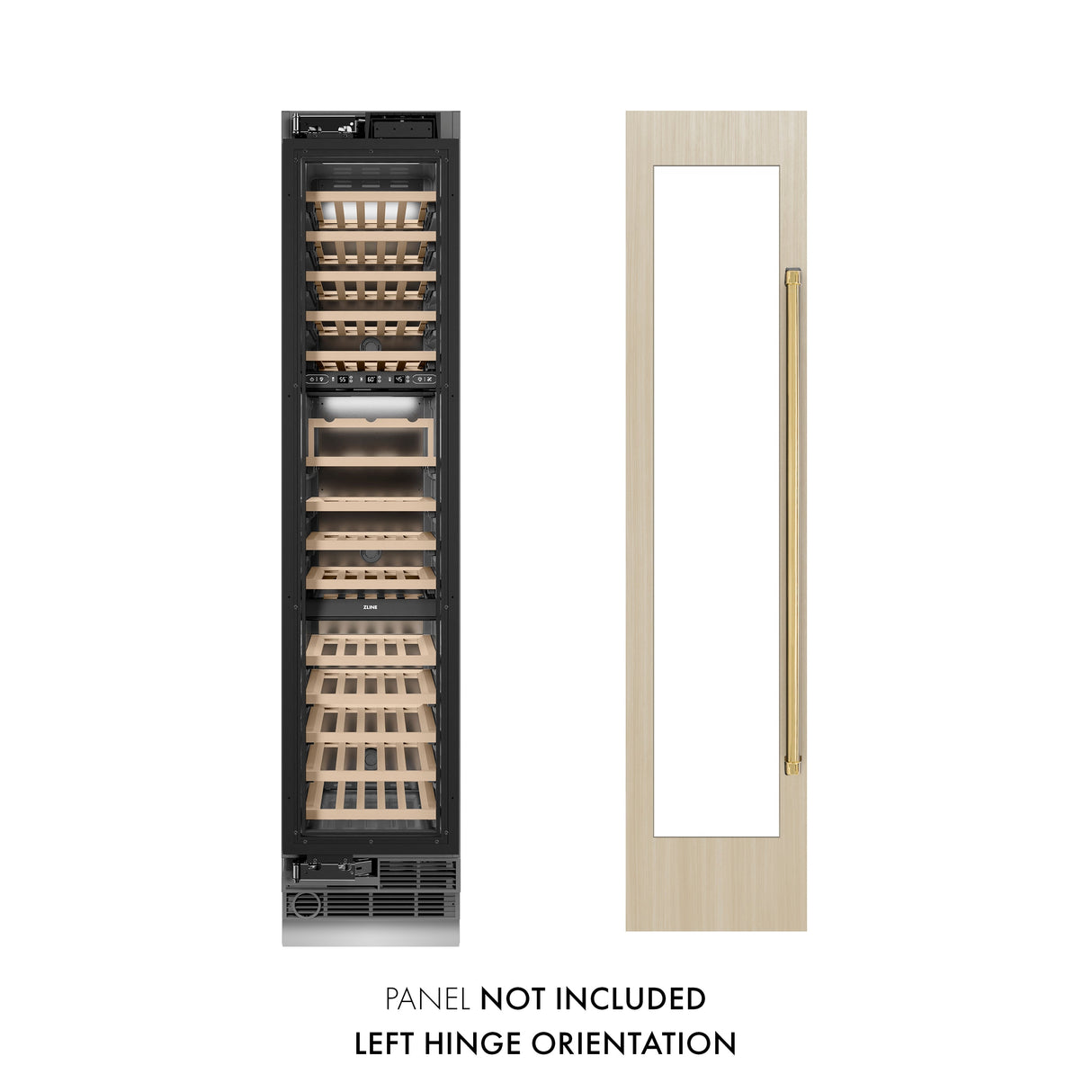 ZLINE Autograph Edition 18 in. 9.0 cu. ft. Triple Zone 68 Bottle Panel Ready Left Hinge Column Wine Cooler with Polished Gold Accents (RBCWVLZ-18-G)