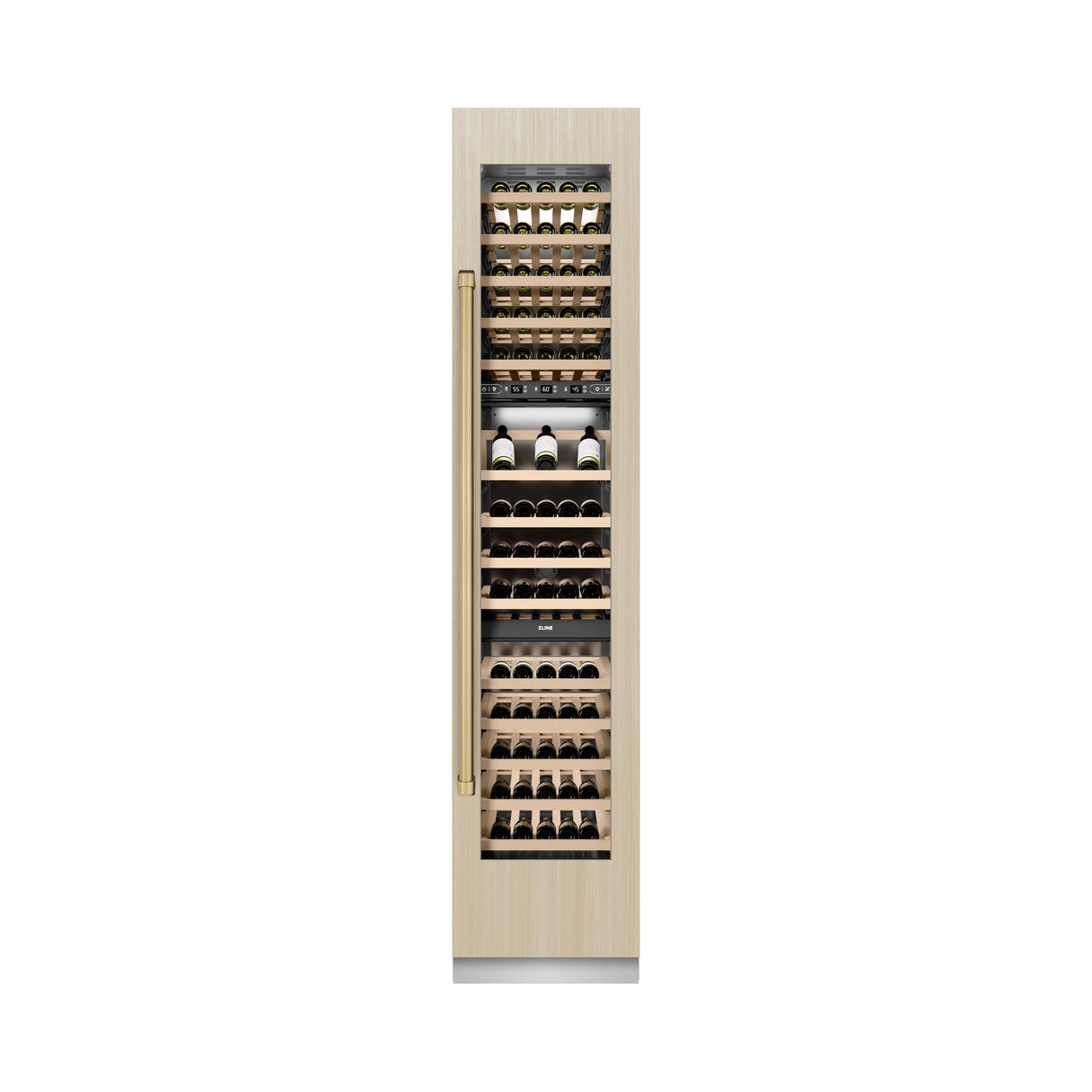 ZLINE Autograph Edition 18 in. 9.0 cu. ft. Triple Zone 68 Bottle Panel Ready Right Hinge Column Wine Cooler with Champagne Bronze Accents (RBCWVRZ-18-CB)