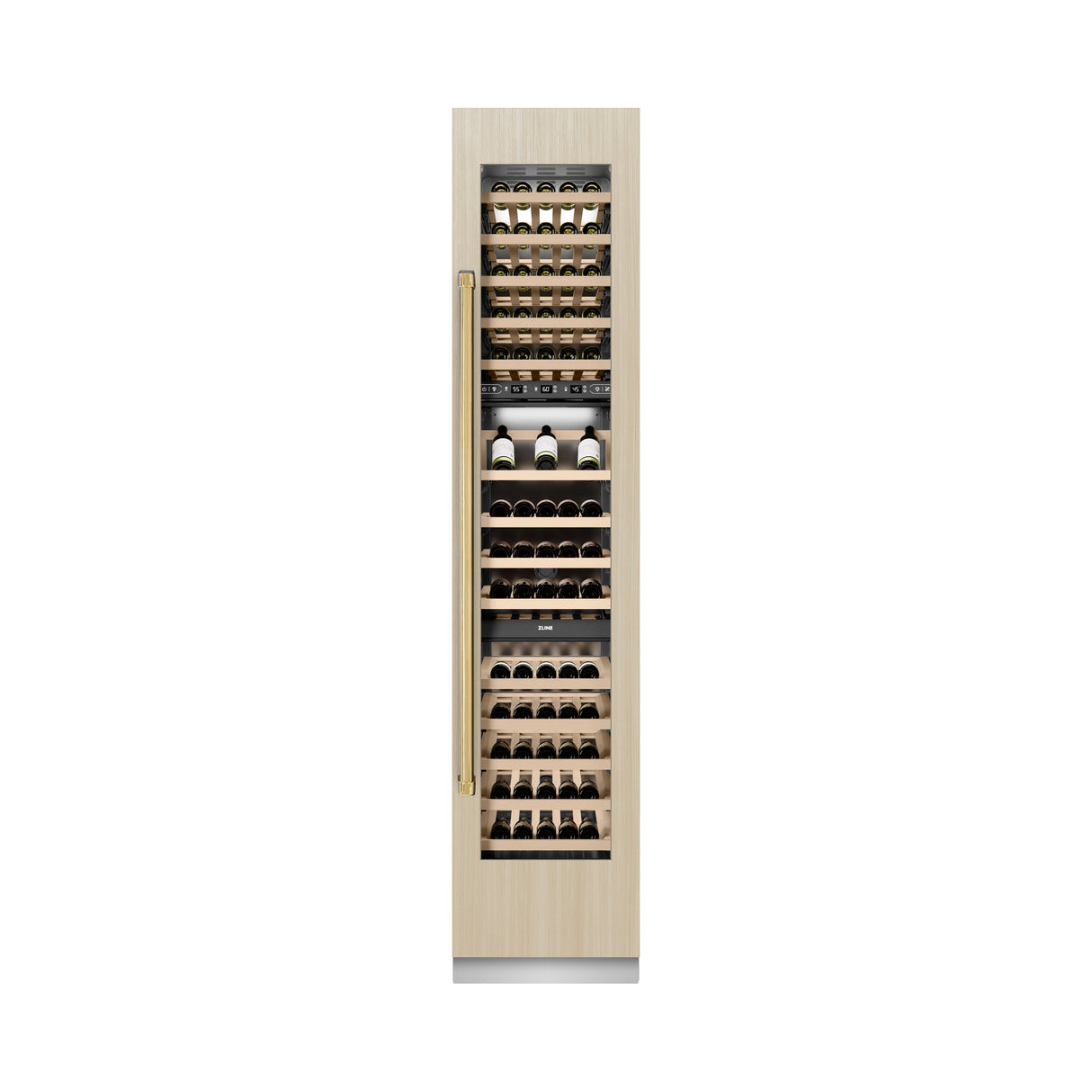 ZLINE Autograph Edition 18 in. 9.0 cu. ft. Triple Zone 68 Bottle Panel Ready Right Hinge Column Wine Cooler with Polished Gold Accents (RBCWVRZ-18-G)
