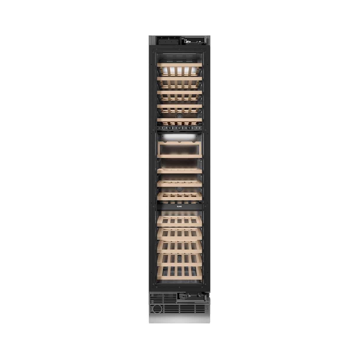 ZLINE Autograph Edition 18 in. 9.0 cu. ft. Triple Zone 68 Bottle Panel Ready Right Hinge Column Wine Cooler with Polished Gold Accents (RBCWVRZ-18-G)