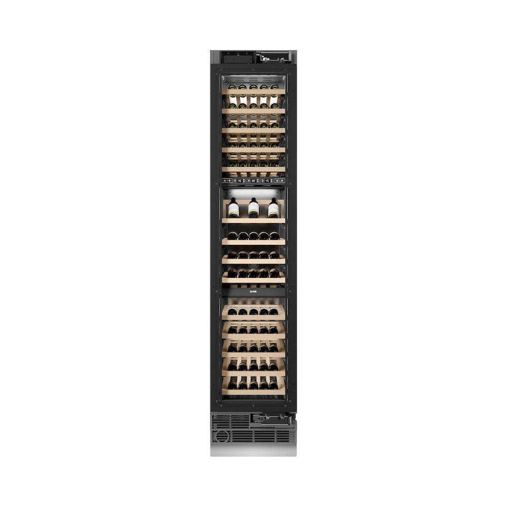 ZLINE Autograph Edition 18 in. 9.0 cu. ft. Triple Zone 68 Bottle Panel Ready Right Hinge Column Wine Cooler with Matte Black Accents (RBCWVRZ-18-MB)