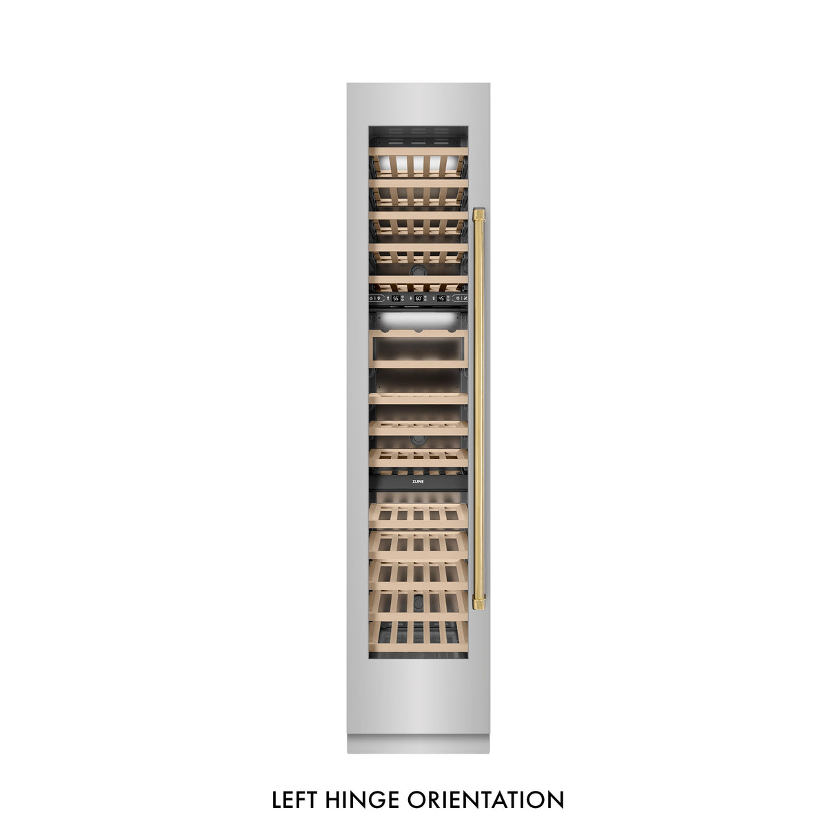 ZLINE Autograph Edition 18 in. 9.0 cu. ft. Triple Zone 68 Bottle Left Hinge Column Wine Cooler in Stainless Steel with Polished Gold Accents (RCWVLZ-30418-G)