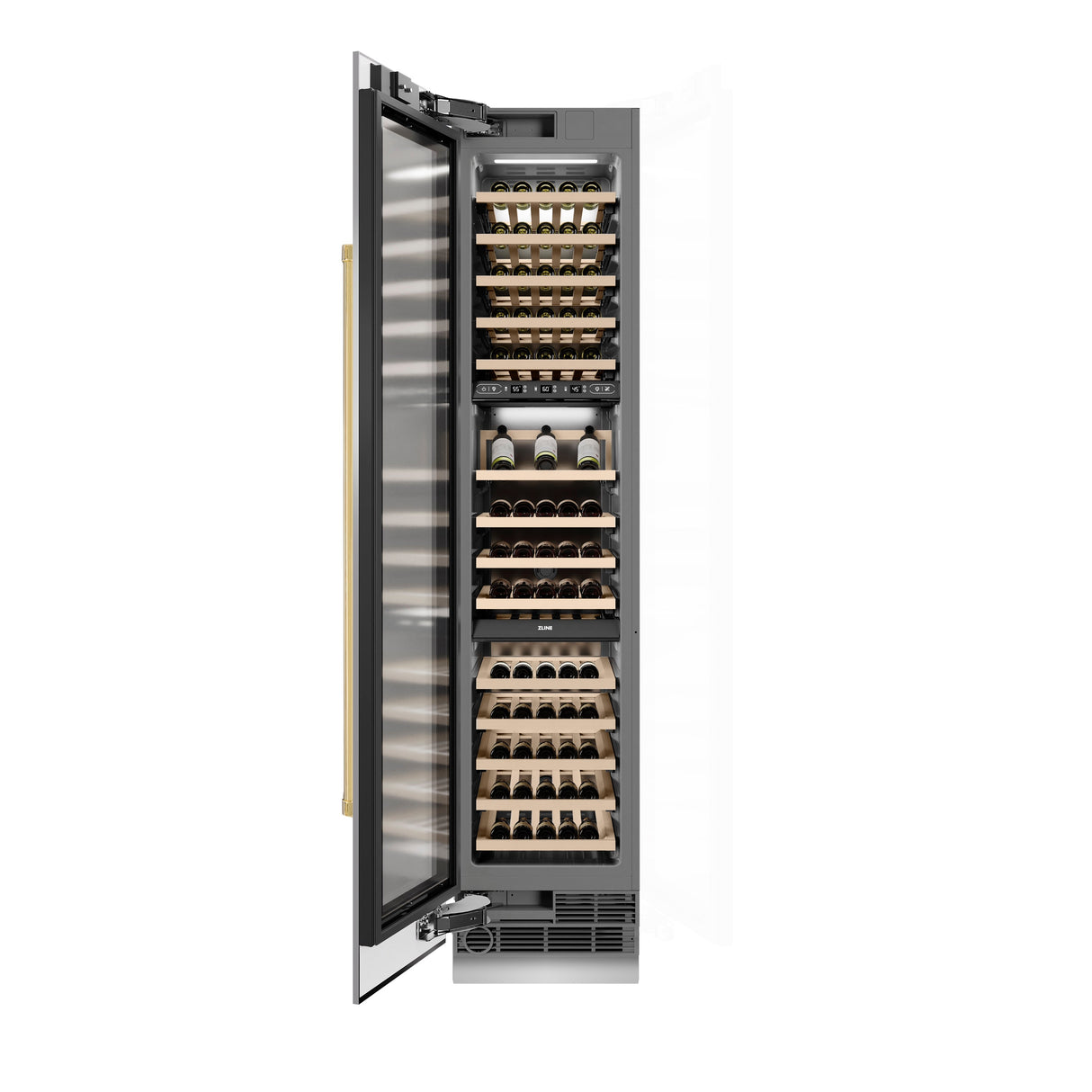 ZLINE Autograph Edition 18 in. 9.0 cu. ft. Triple Zone 68 Bottle Left Hinge Column Wine Cooler in Stainless Steel with Polished Gold Accents (RCWVLZ-30418-G)
