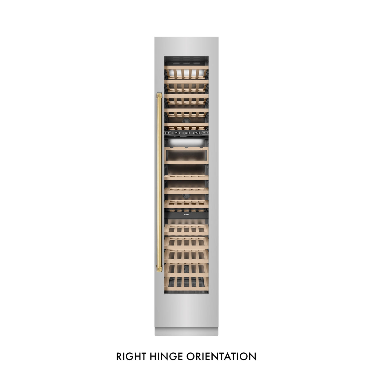ZLINE Autograph Edition 18 in. 9.0 cu. ft. Triple Zone 68 Bottle Right Hinge Column Wine Cooler in Stainless Steel with Polished Gold Accents (RCWVRZ-30418-G)