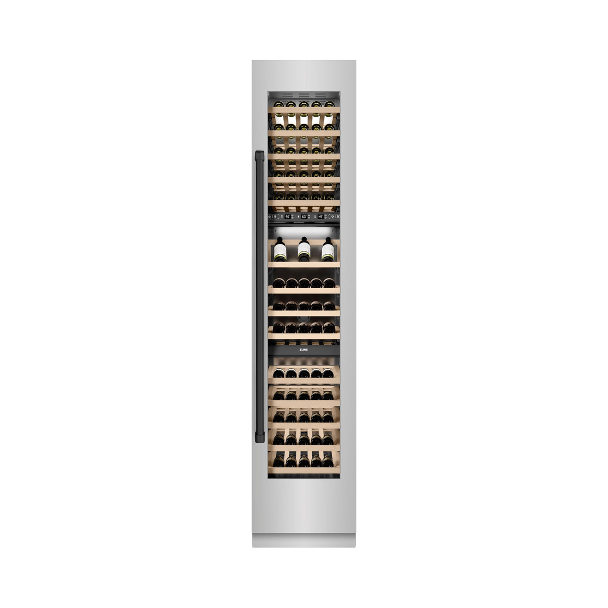ZLINE Autograph Edition 18 in. 9.0 cu. ft. Triple Zone 68 Bottle Right Hinge Column Wine Cooler in Stainless Steel with Matte Black Accents (RCWVRZ-30418-MB)