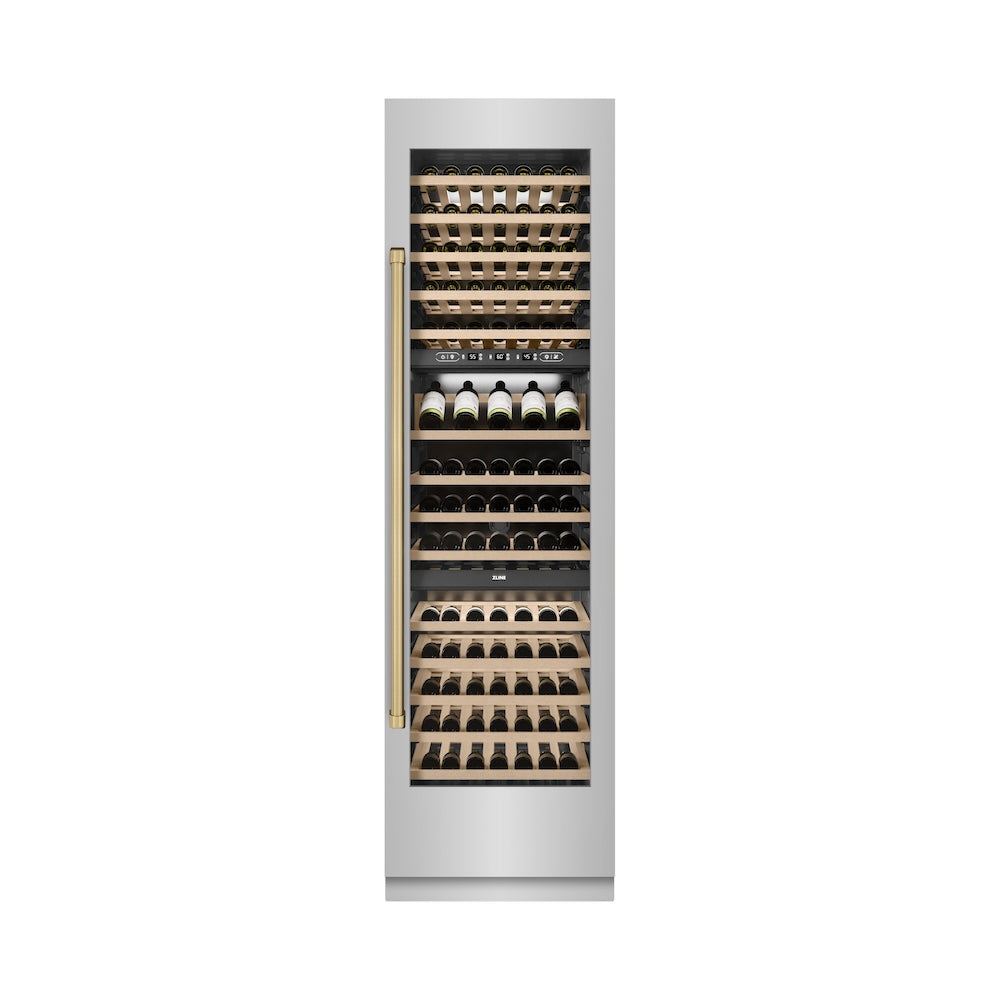 ZLINE Autograph Edition 24 in. 12.4 cu. ft. Triple Zone 100 Bottle Column Wine Cooler in Stainless Steel and Champagne Bronze Accents (RCWVZ-304-24-CB)