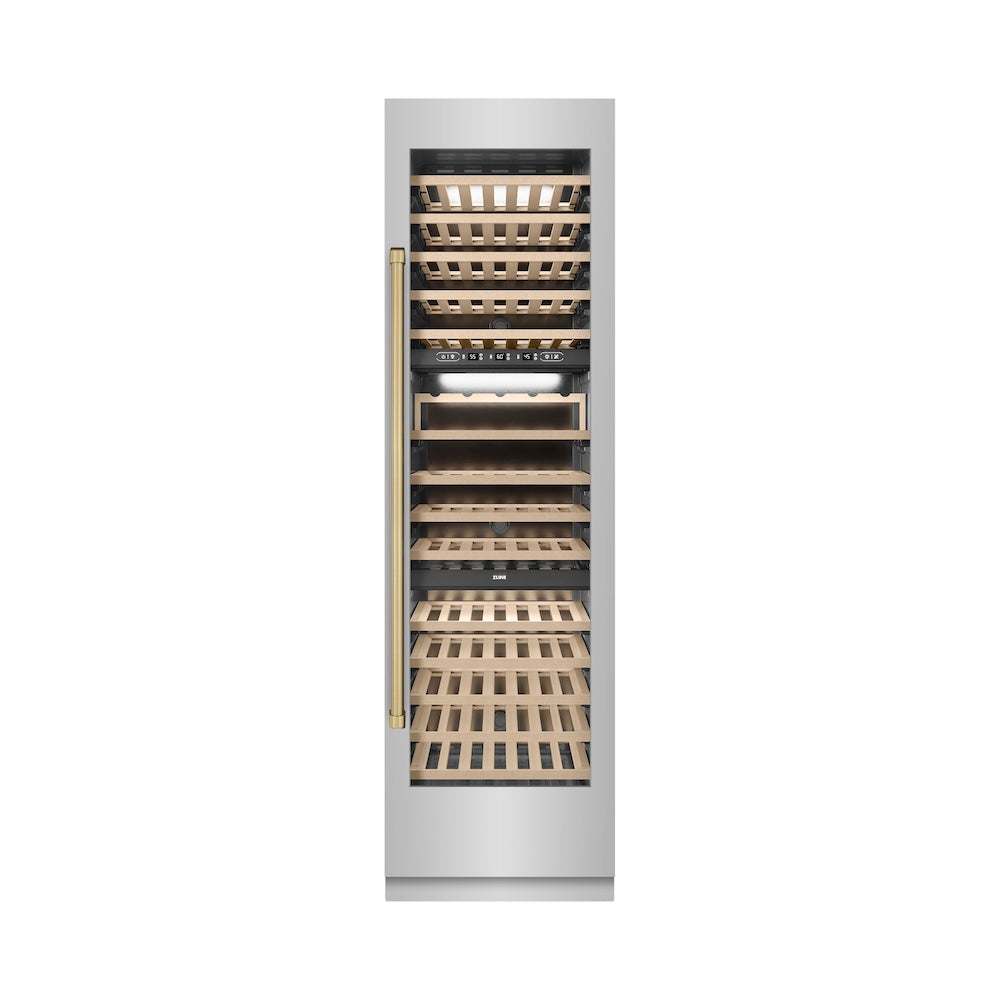 ZLINE Autograph Edition 24 in. 12.4 cu. ft. Triple Zone 100 Bottle Column Wine Cooler in Stainless Steel and Champagne Bronze Accents (RCWVZ-304-24-CB)