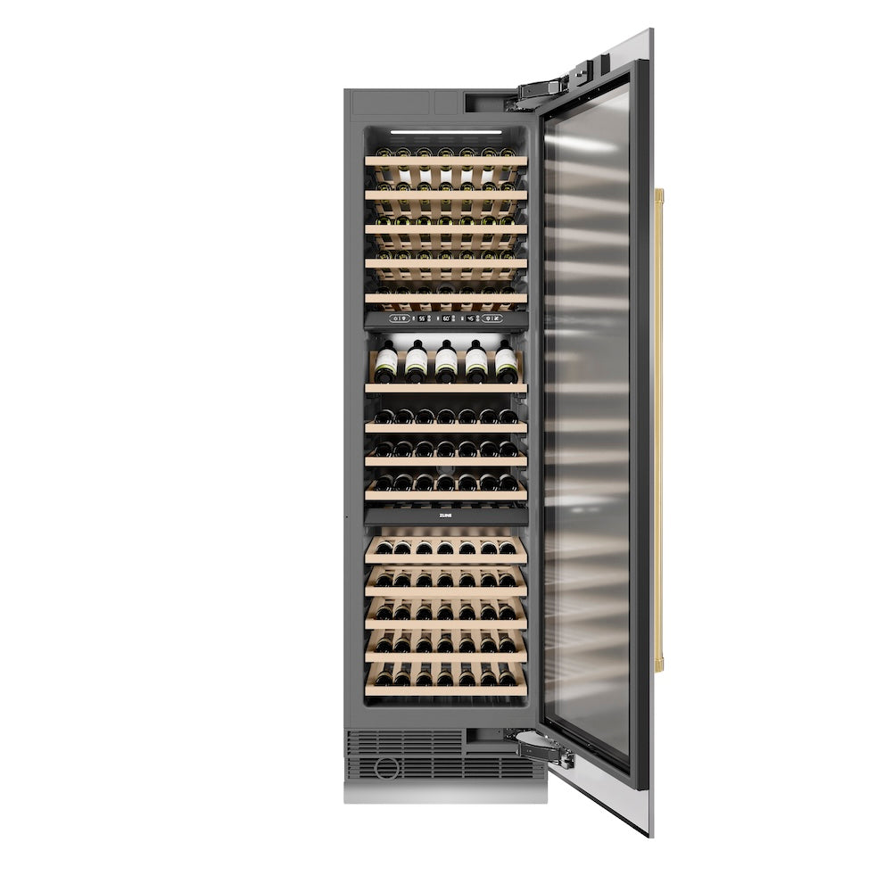 ZLINE Autograph Edition 24 in. 12.4 cu. ft. Triple Zone 100 Bottle Column Wine Cooler in Stainless Steel and Polished Gold Accents (RCWVZ-304-24-G)