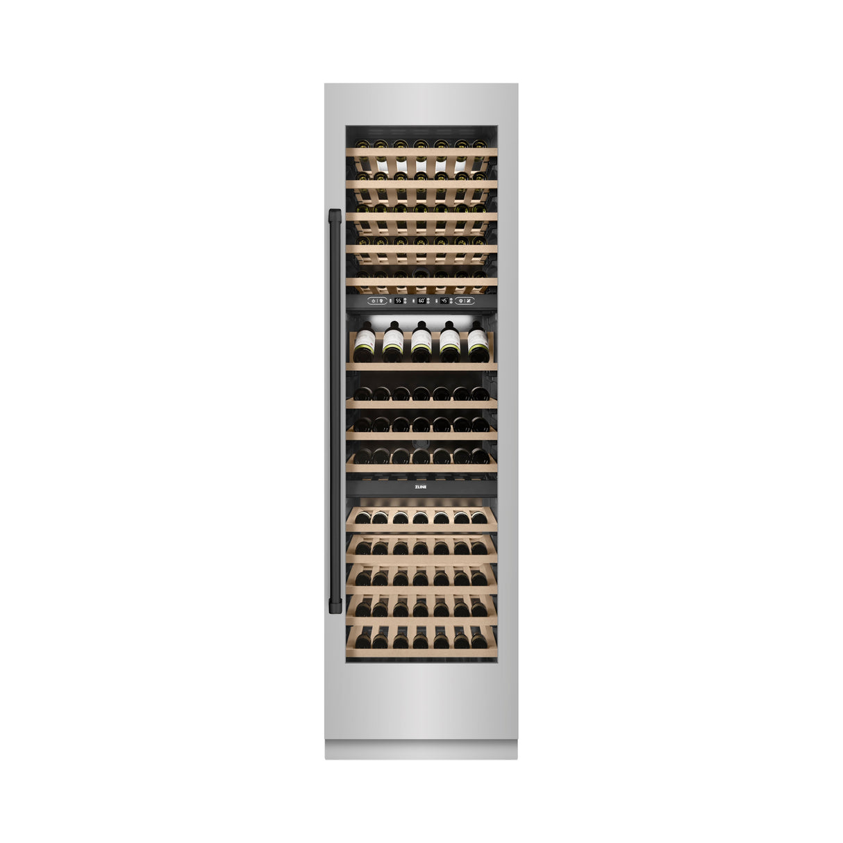 ZLINE Autograph Edition 24 in. 12.4 cu. ft. Triple Zone 100 Bottle Column Wine Cooler in Stainless Steel and Matte Black Accents (RCWVZ-304-24-MB)