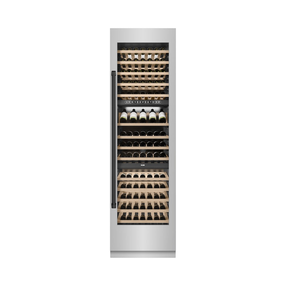 ZLINE Autograph Edition 24 in. 12.4 cu. ft. Triple Zone 100 Bottle Column Wine Cooler in Stainless Steel and Matte Black Accents (RCWVZ-304-24-MB)