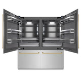 ZLINE Autograph Edition 72 in. 39.6 cu. ft. French Door Built-In Bottom Freezer Refrigerator with Water Dispensers and Ice Makers in Stainless Steel with Graphite Gray Interior and Champagne Bronze Accents (GRBITZ-304-72CB)