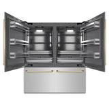 ZLINE Autograph Edition 72 in. 39.6 cu. ft. French Door Built-In Bottom Freezer Refrigerator with Water Dispensers and Ice Makers in Stainless Steel with Graphite Gray Interior and Polished Gold Accents (GRBITZ-304-72G)