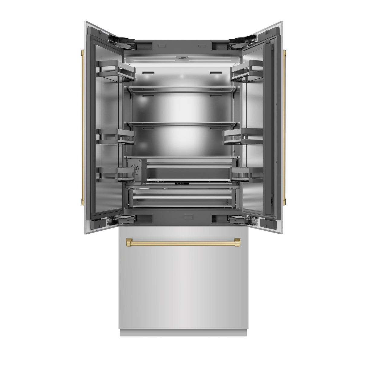 ZLINE Autograph Edition 36 in. 19.6 cu. ft. French Door Built-In Bottom Freezer Refrigerator with Water Dispenser and Ice Maker in Stainless Steel with Stainless Steel Interior and Champagne Bronze Accents (SRBIVZ-304-36CB)