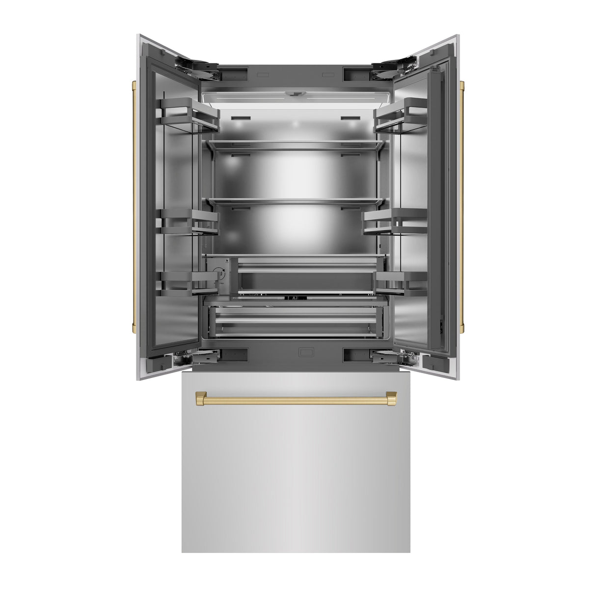 ZLINE Autograph Edition 36 in. 19.6 cu. ft. French Door Built-In Bottom Freezer Refrigerator with Water Dispenser and Ice Maker in Stainless Steel with Stainless Steel Interior and Champagne Bronze Accents (SRBIVZ-304-36CB)