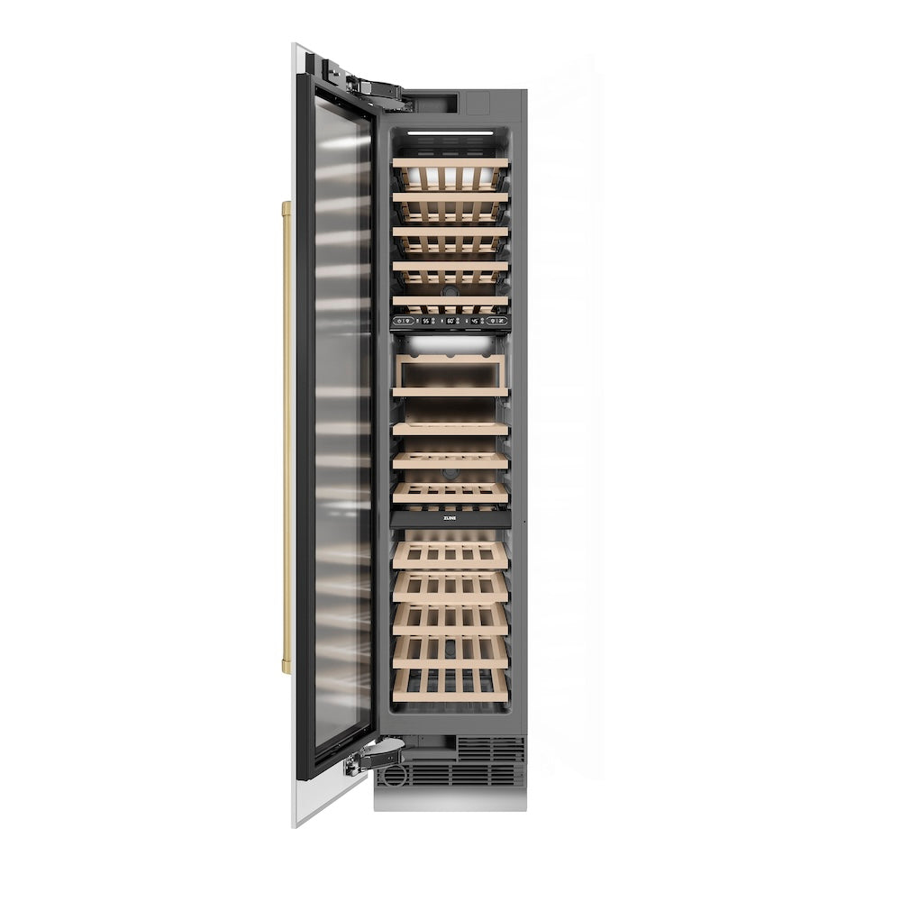 ZLINE Autograph Edition 18 in. 9.0 cu. ft. Triple Zone 68 Bottle Left Hinge Column Wine Cooler in White Matte with Champagne Bronze Accents (RCWVLZ-WM-18-CB)