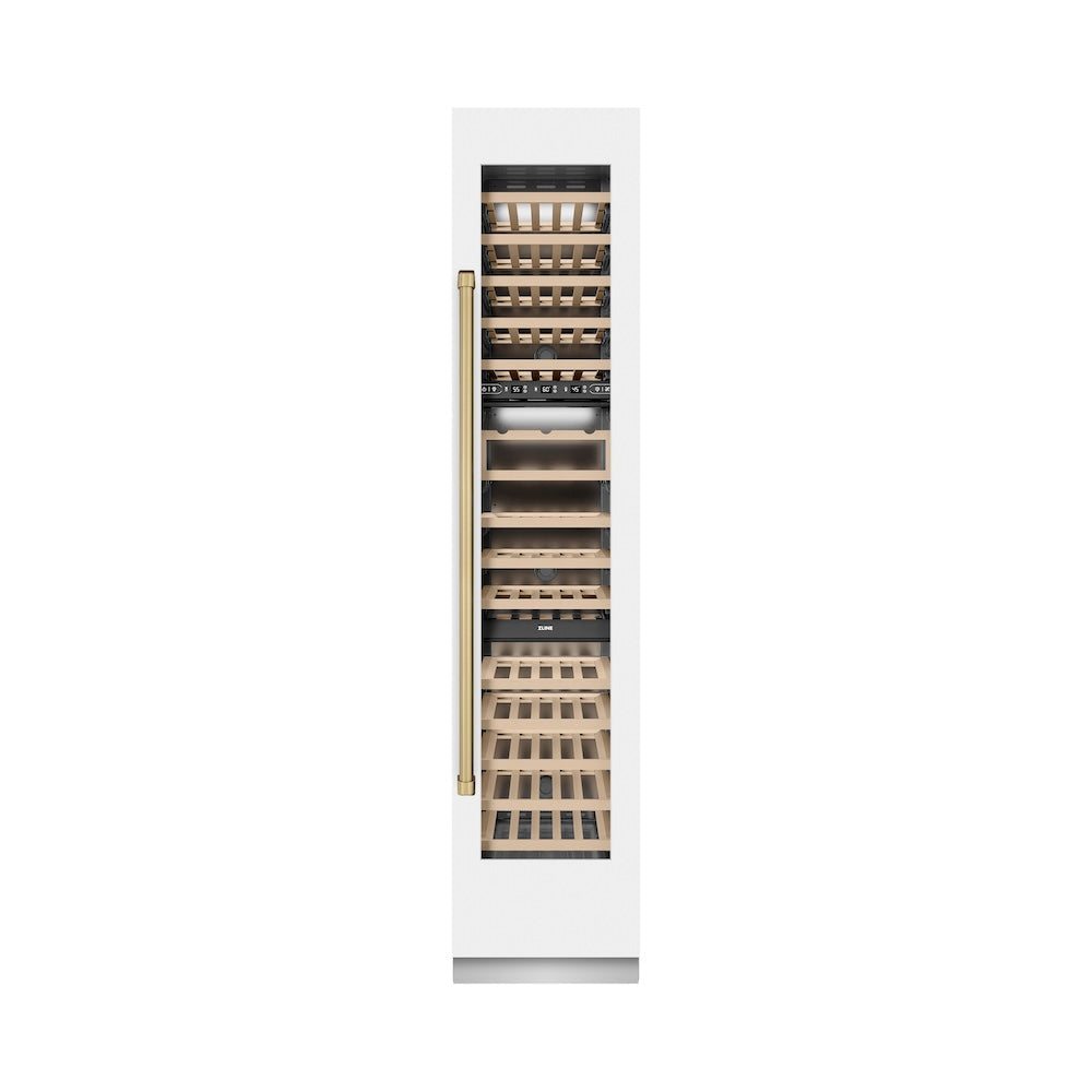 ZLINE Autograph Edition 18 in. 9.0 cu. ft. Triple Zone 68 Bottle Right Hinge Column Wine Cooler in White Matte with Champagne Bronze Accents (RCWVRZ-WM-18-CB)
