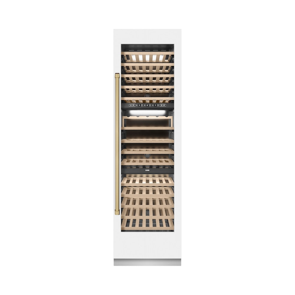 ZLINE Autograph Edition 24 in. 12.4 cu. ft. Triple Zone 100 Bottle Column Wine Cooler in White Matte and Champagne Bronze Accents (RCWVZ-WM-24-CB)