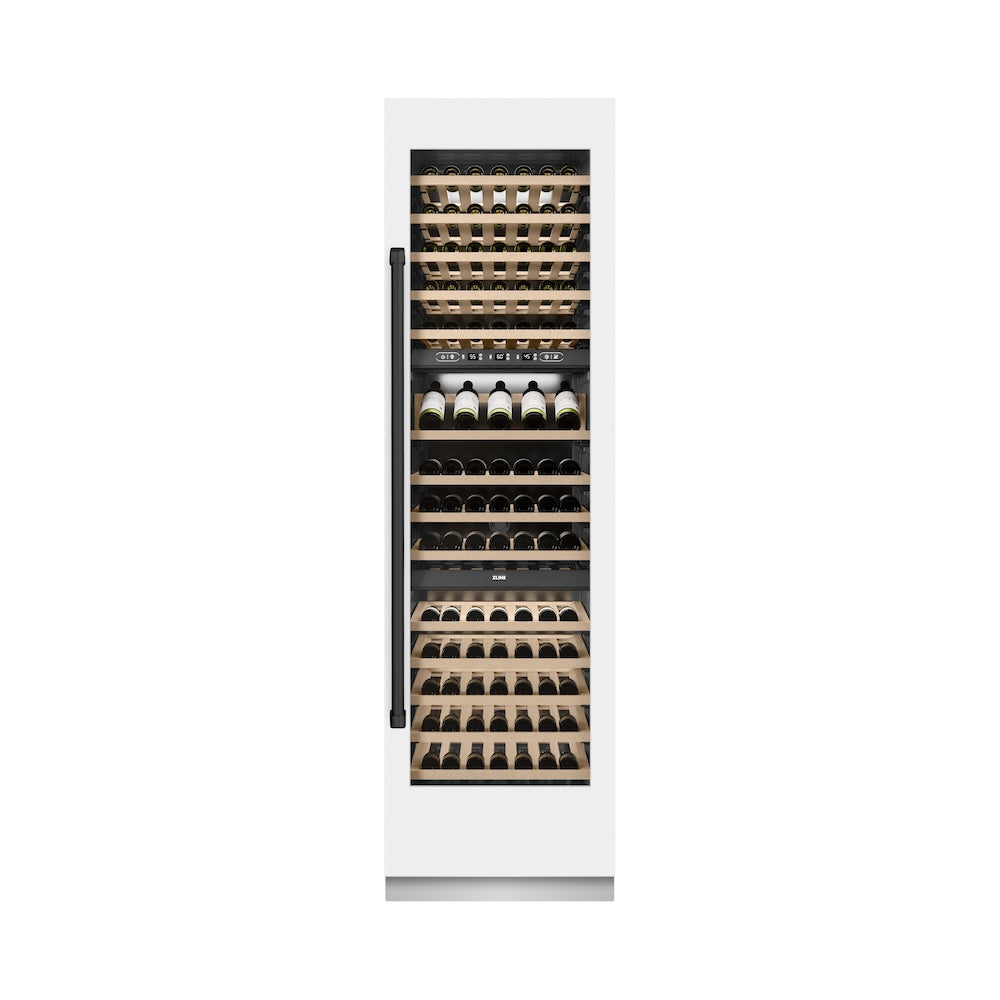 ZLINE Autograph Edition 24 in. 12.4 cu. ft. Triple Zone 100 Bottle Column Wine Cooler in White Matte and Matte Black Accents (RCWVZ-WM-24-MB)