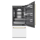ZLINE Autograph Edition 36 in. 19.8 cu. ft. Built-In Bottom Freezer Refrigerator with Water Dispenser and Ice Maker in White Matte with Graphite Gray Interior and Polished Gold Accents (GRBITZ-WM-36-G)