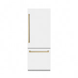 ZLINE Autograph Edition 30 in. 16.1 cu. ft. Built-In Bottom Freezer Refrigerator with Water Dispenser and Ice Maker in White Matte with Graphite Gray Interior and Champagne Bronze Accents (GRBIVZ-WM-30-CB)