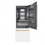 ZLINE Autograph Edition 30 in. 16.1 cu. ft. Built-In Bottom Freezer Refrigerator with Water Dispenser and Ice Maker in White Matte with Graphite Gray Interior and Champagne Bronze Accents (GRBIVZ-WM-30-CB)