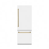 ZLINE Autograph Edition 30 in. 16.1 cu. ft. Built-In Bottom Freezer Refrigerator with Water Dispenser and Ice Maker in White Matte with Graphite Gray Interior and Polished Gold Accents (GRBIVZ-WM-30-G)