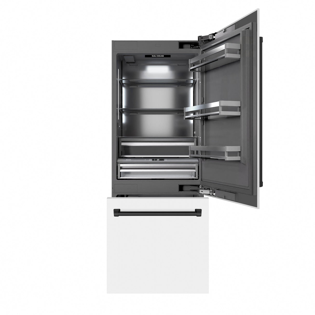 ZLINE Autograph Edition 30 in. 16.1 cu. ft. Built-In Bottom Freezer Refrigerator with Water Dispenser and Ice Maker in White Matte with Graphite Gray Interior and Matte Black Accents (GRBIVZ-WM-30-MB)