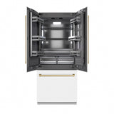 ZLINE Autograph Edition 36 in. 19.6 cu. ft. French Door Built-In Bottom Freezer Refrigerator with Water Dispenser and Ice Maker in White Matte with Graphite Gray Interior and Champagne Bronze Accents (GRBIVZ-WM-36-CB)