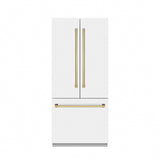 ZLINE Autograph Edition 36 in. 19.6 cu. ft. French Door Built-In Bottom Freezer Refrigerator with Water Dispenser and Ice Maker in White Matte with Graphite Gray Interior and Polished Gold Accents (GRBIVZ-WM-36-G)