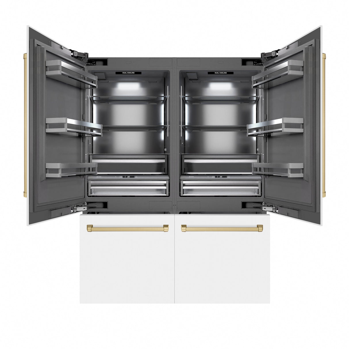 ZLINE Autograph Edition 60 in. 32.2 cu. ft. French Door Built-In Bottom Freezer Refrigerator with Water Dispenser and Ice Maker in White Matte with Graphite Gray Interior and Champagne Bronze Accents (GRBIVZ-WM-60-CB)