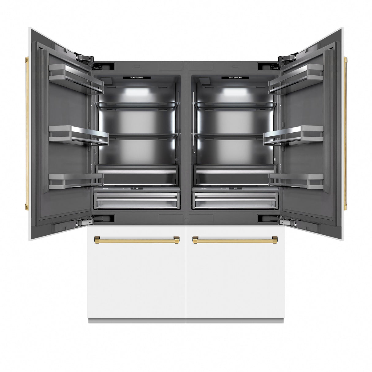 ZLINE Autograph Edition 60 in. 32.2 cu. ft. French Door Built-In Bottom Freezer Refrigerator with Water Dispenser and Ice Maker in White Matte with Graphite Gray Interior and Polished Gold Accents (GRBIVZ-WM-60-G)