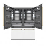 ZLINE Autograph Edition 60 in. 32.2 cu. ft. French Door Built-In Bottom Freezer Refrigerator with Water Dispenser and Ice Maker in White Matte with Graphite Gray Interior and Polished Gold Accents (GRBIVZ-WM-60-G)