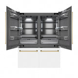 ZLINE Autograph Edition 60 in. 32.2 cu. ft. French Door Built-In Bottom Freezer Refrigerator with Water Dispenser and Ice Maker in White Matte with Graphite Gray Interior and Polished Gold Accents (GRBIVZ-WM-60-G)