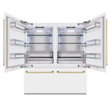 ZLINE Autograph Edition 72 in. 39.6 cu. ft. French Door Built-In Bottom Freezer Refrigerator with Water Dispensers and Ice Makers in White Matte and Polished Gold Accents (RBITZ-WM-72-G)
