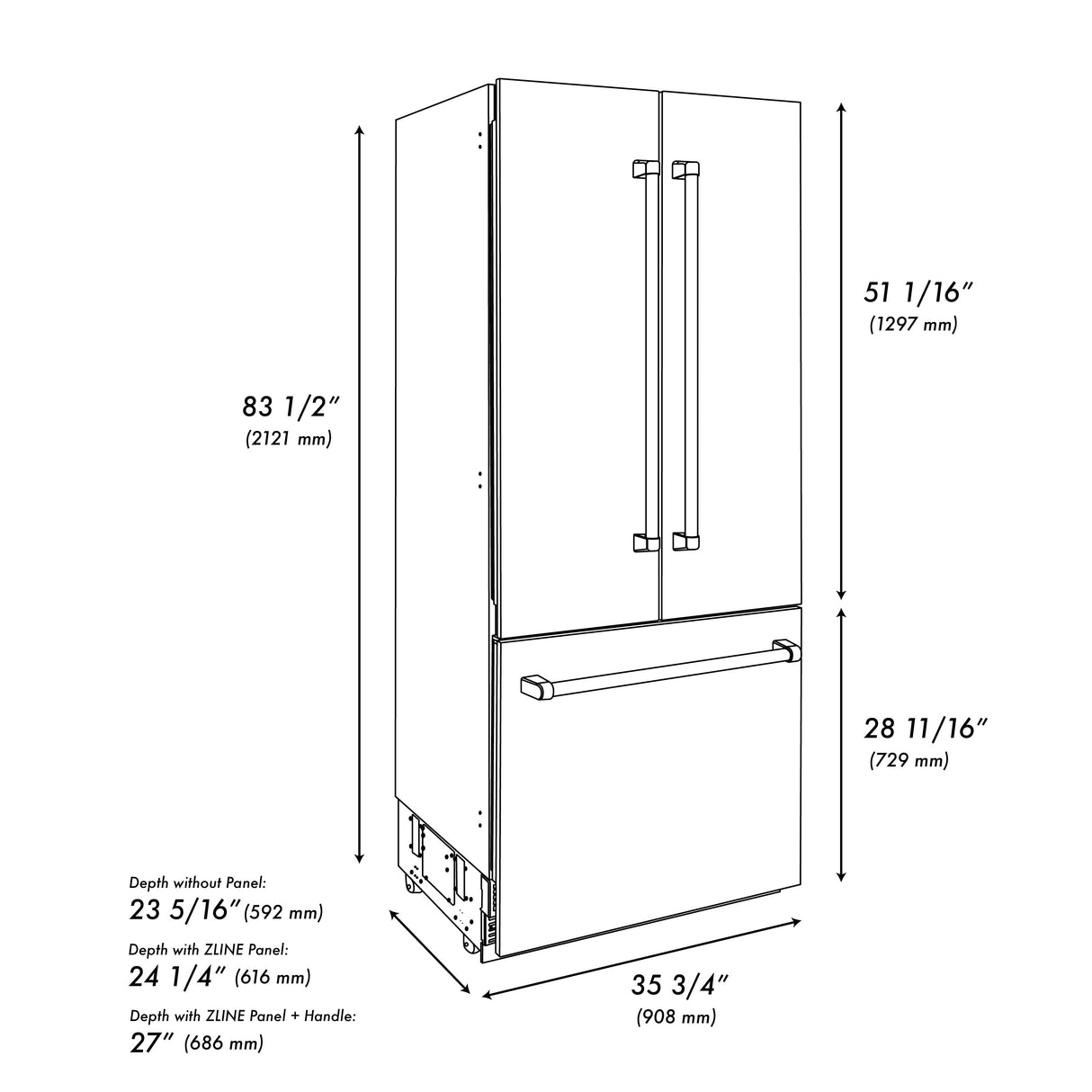 ZLINE 36 in. 19.6 cu. ft. French Door Built-In Bottom Freezer Refrigerator with Water Dispenser and Ice Maker in White Matte (RBIV-WM-36)