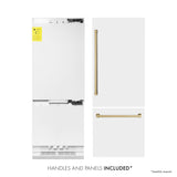 ZLINE Autograph Edition 30 in. 16.1 cu. ft. Built-In Bottom Freezer Refrigerator with Water Dispenser and Ice Maker in White Matte with Champagne Bronze Accents (RBIVZ-WM-30-CB)