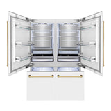 ZLINE Autograph Edition 60 in. 32.2 cu. ft. French Door Built-In Bottom Freezer Refrigerator with Water Dispenser and Ice Maker in White Matte with Polished Gold Accents (RBIVZ-WM-60-G)
